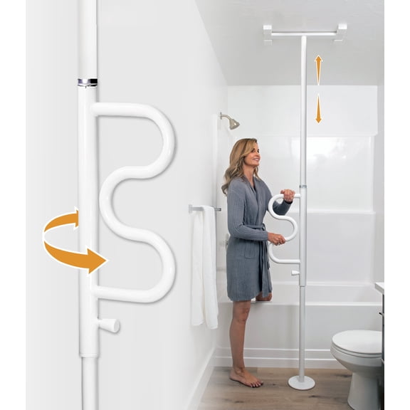 Stander Wonder Pole Plus, Security Pole and Curve Grab Bar, Bathroom Safety Rail for Elderly, Tension Mounted Floor to Ceiling Safety Assist Handle for Seniors, Supports 300 lbs, White