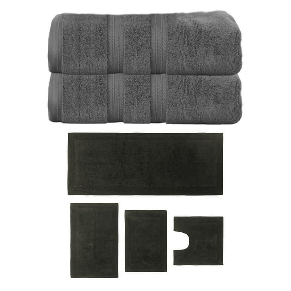 Home Weavers Luxury Collection 100% Soft Cotton Super Absorbent 2 Pcs Bath Towel Set & 4 Pc Bath Rug Combo, Machine Washable & Non Slip (Set of 6), Dark Gray