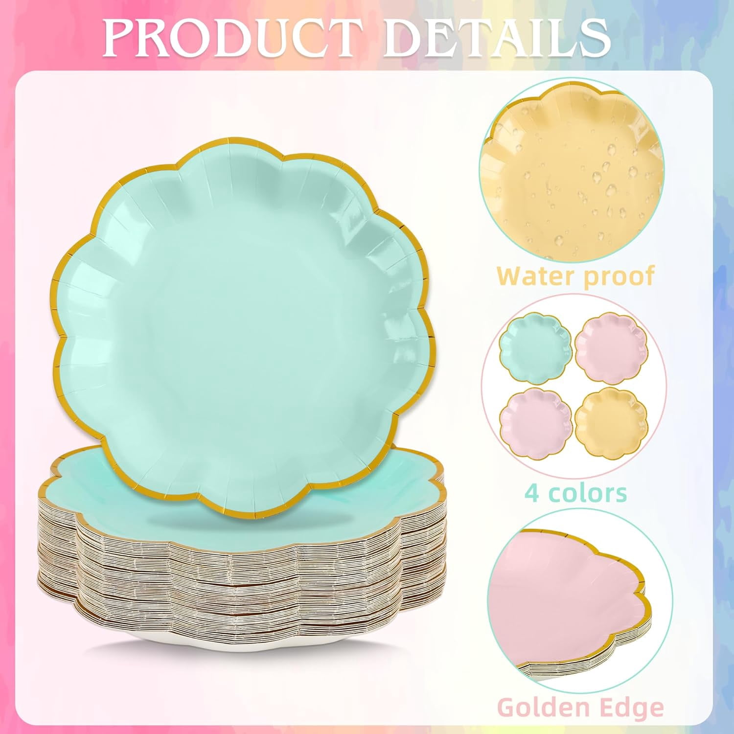 48 Pcs Pastel Scalloped Paper Plates 7 Inch Disposable Macaron Colorful Dessert Plates with Gold Edge Gradient Rainbow Party Supplies for Wedding Birthday Baby Shower Bridal Summer Decorations
