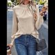thumbnail image 5 of Camiseta de Larga con Cuello Alto y Ojales para Mujer, Elegante, Informal, , de Negocios, Elástica, con Aberturas Albaricoque XXL, 5 of 9