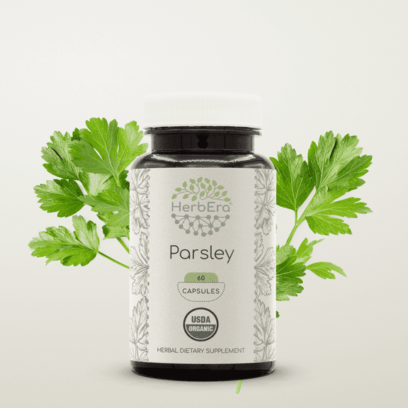 HerbEra Parsley Capsules, Organic Herbal Dietary Supplement for Digestive, Detox, and Wellness Support, Certified Organic Parsley (Petroselinum crispum) Dried Leaf Capsules, Natural, 60 Capsules