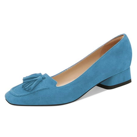 YDN Women Fashion Block Low Heel Loafers Slip On Square Toe Tassel Fringed Pumps Dressy Party Office Daily Shoes Size 12 Blue