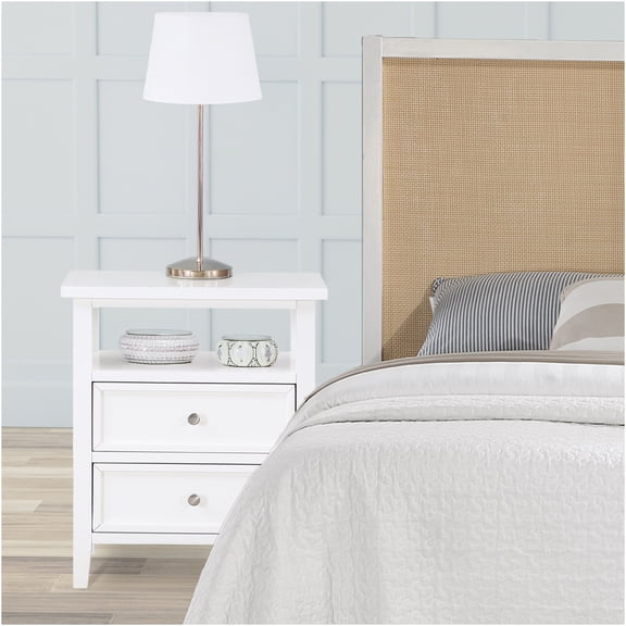 JERFIT Weston White 2-Drawer Nightstand, Solid Wood Bedside Table with Storage Shelf