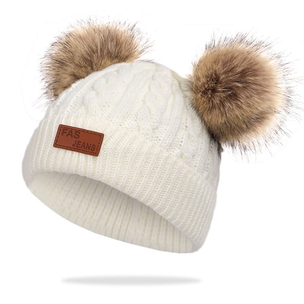 Gorro para niño pequeño, gorro de punto con pompón doble de invierno de color