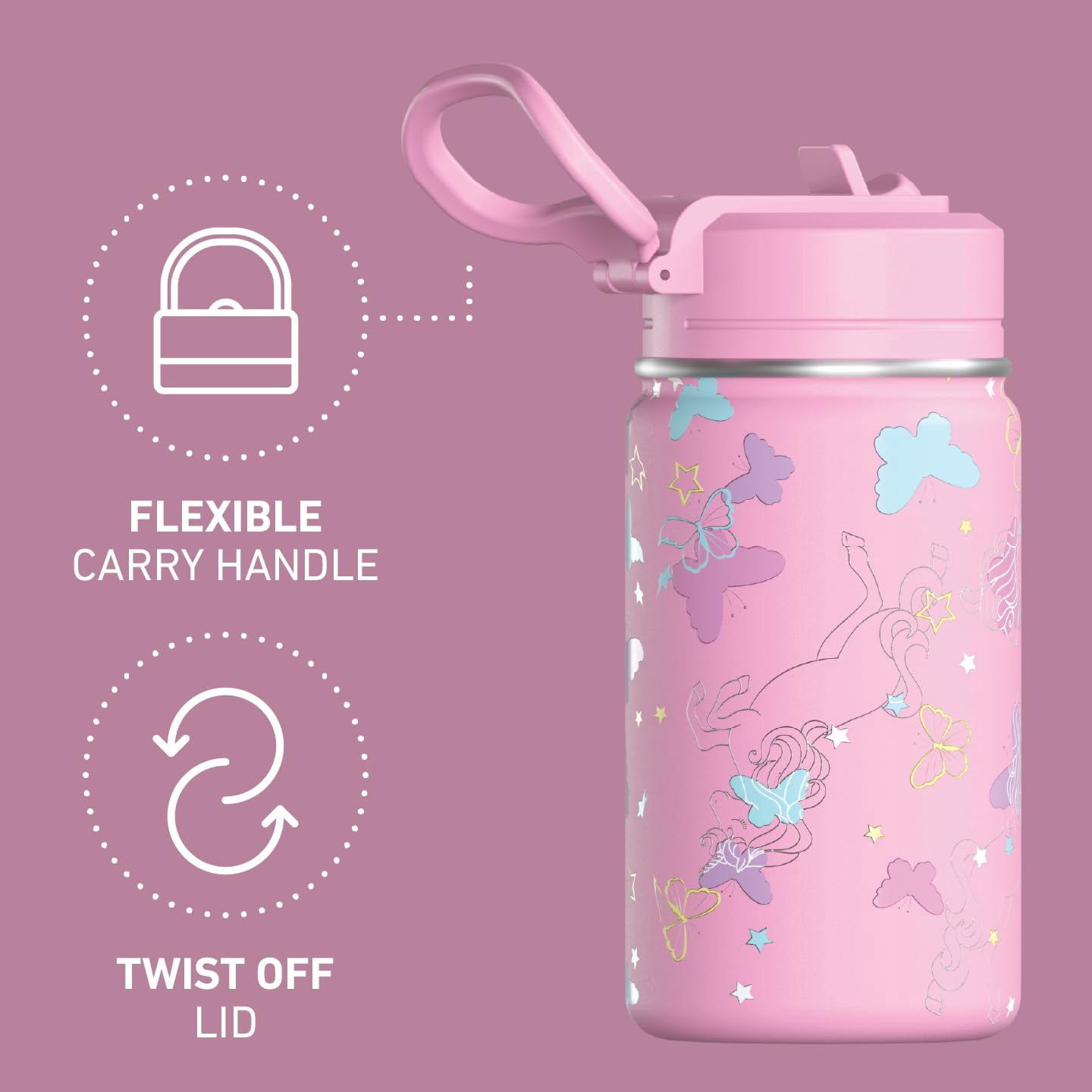 Hydrapeak Mini 14oz Fun Sticker Print Water Bottle with Straw Lid, Stainless Steel Double Wall Insulated Water Bottle, Leak-Proof and Spill-Proof Water Bottle, Butterfly Allover-Bubblegum