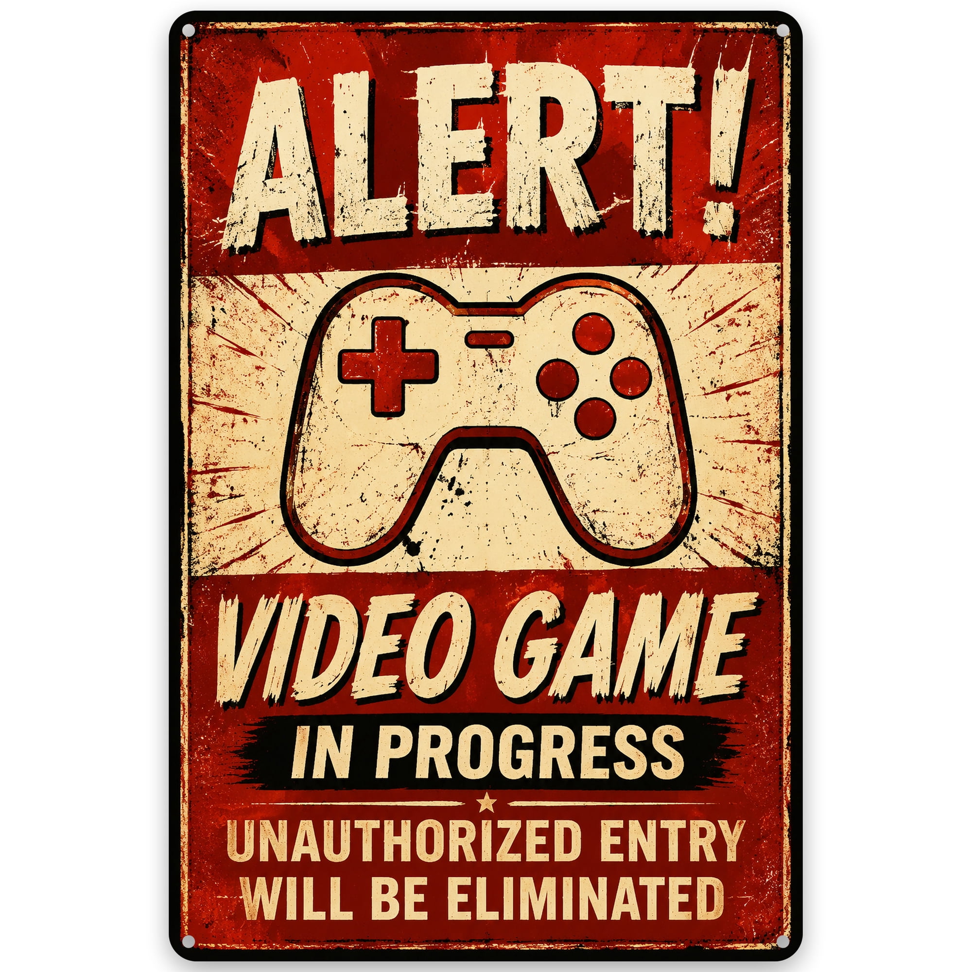Alert Video Game Metal Wall Decor Sign, 8x12 Inch, Vintage Rustic Style Iron Decoration for Game Room or Man Cave, Easy Hanging with Pre-Drilled Holes, Indoor/Outdoor Use