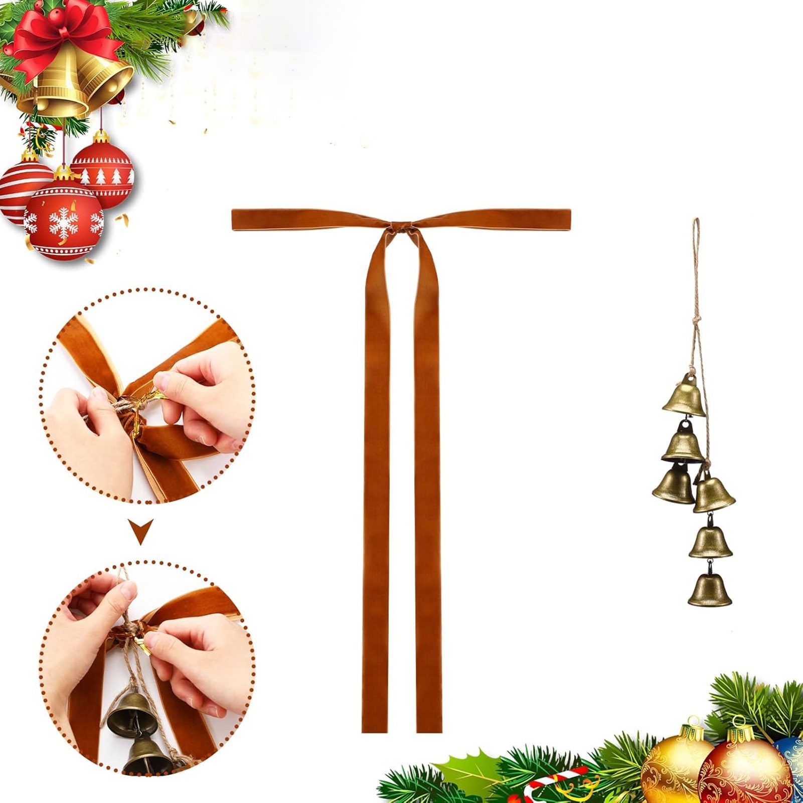 Opvise Velvet Christmas Swag Bow with Bells Rustic Large Staircase Wreath Bows Vintage Xmas Tree Topper Bow for Tree Wall Door Decor