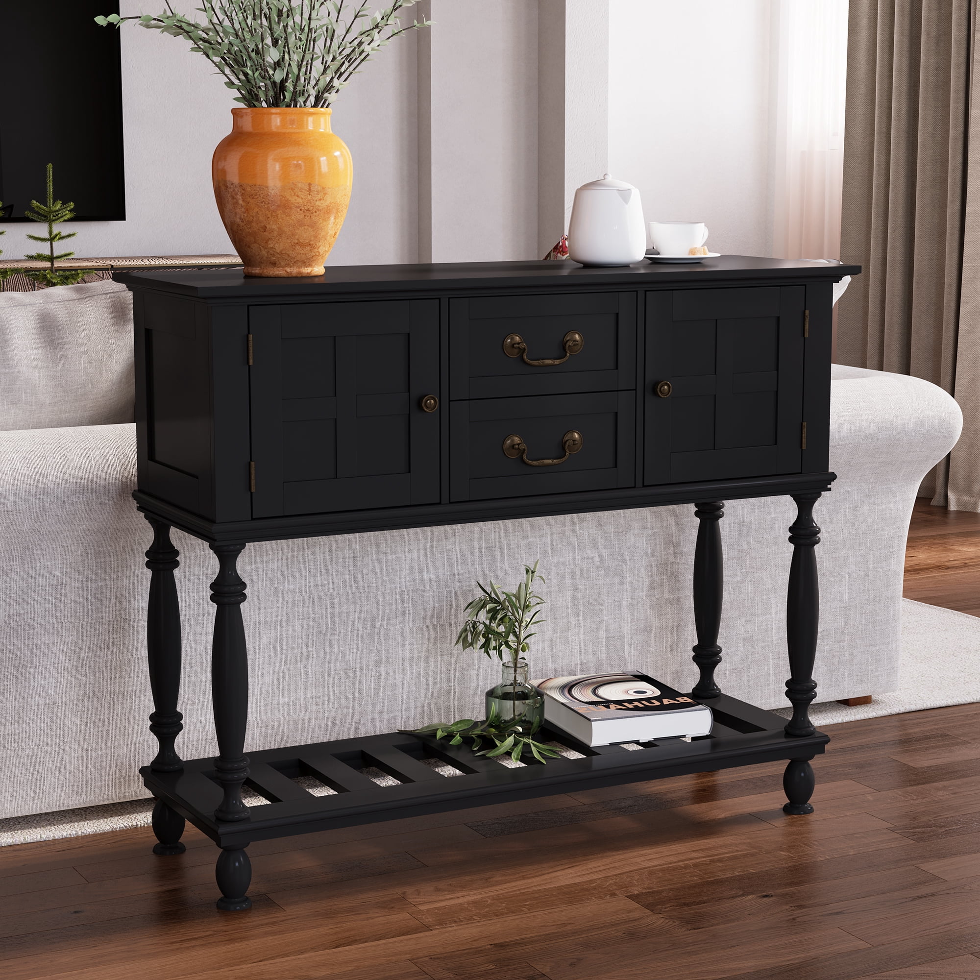 ZOSQUARE 42" Black Console Table with 2 Drawers and Cabinets, Farmhouse Entryway Table with Turned Legs and Bottom Shelf, Vintage Sofa Table for Living Room