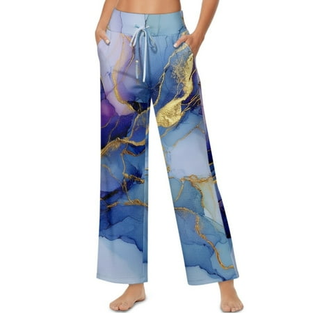 SCRAWLGOD Blue Marble Print Women s Casual Wide Leg Pants High Waist Drawstring Trousers Trendy Comfortable Elastic Lounge Palazzo Trousers Pants with Pockets M