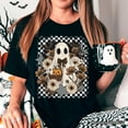 thumbnail image 2 of Retro Ghost Floral Halloween T-Shirt, Spooky Vintage Checkered Tee, 2 of 10