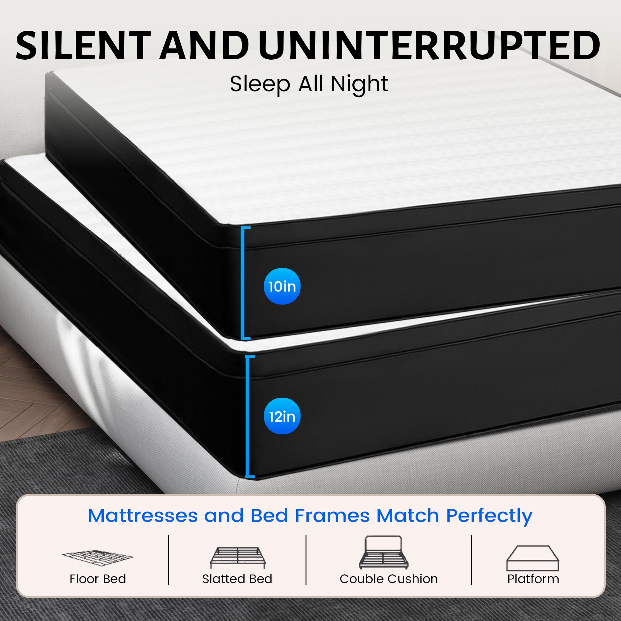 Queen Mattress 10 inch, Hybrid Queen Size Mattress in a Box with Upgrade Innerspring, Pro Black