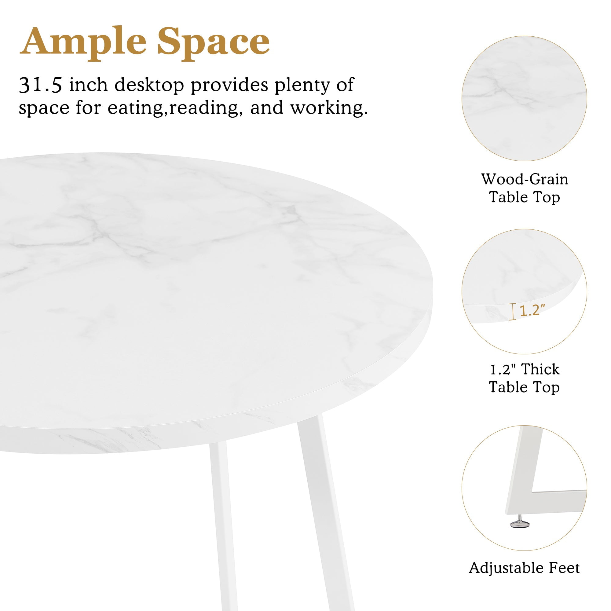 VECELO 31.5" Round Dining Table with Metal Legs for Kitchen Living Room Coffee Table Bristro Table, Marble White