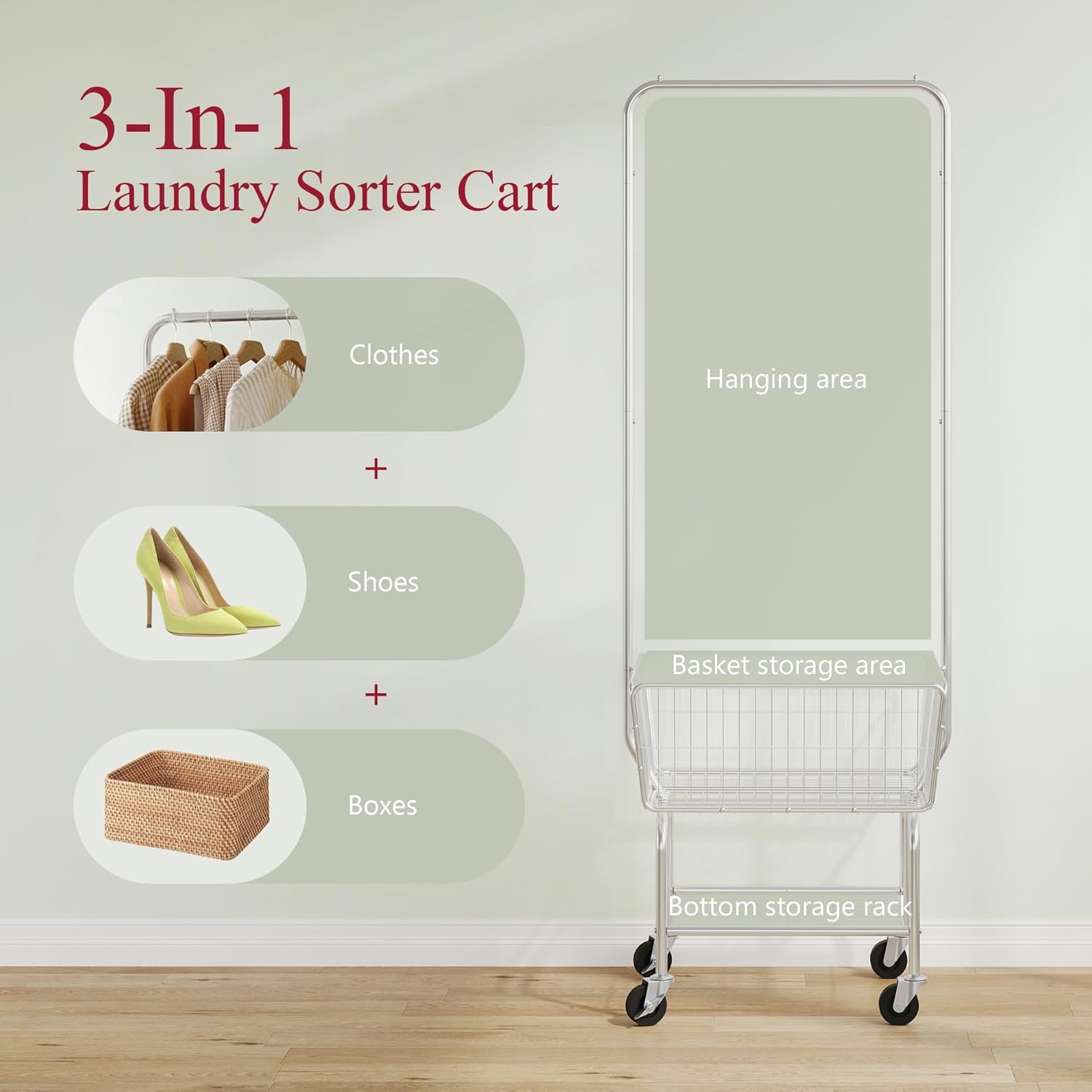 Laundry Cart with Hanging Rack, Metal Rolling Laundry Cart with Wheels and Storage Basket, Silver
