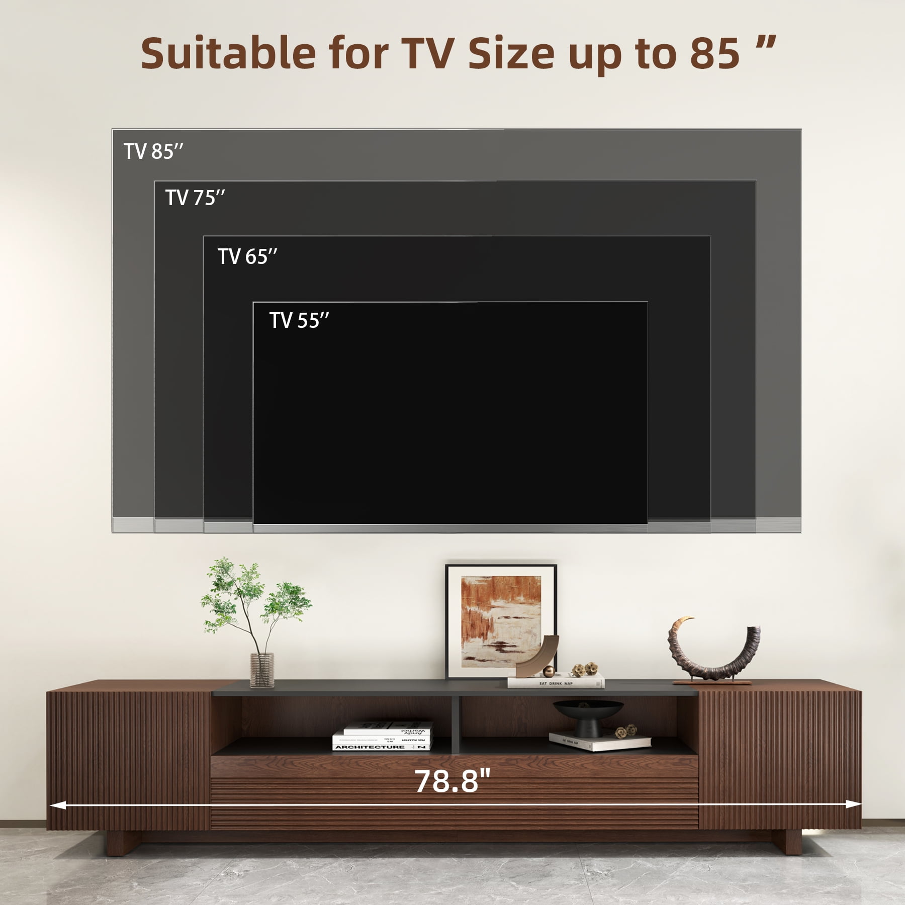 78.8 Inch TV Stand with Storage Cabinets for Living Room, TVs Media Console Entertainment Center with Drawers, Wood Fluted Television Stands with Open Shelves for Bedroom, Dark Brown Walnut