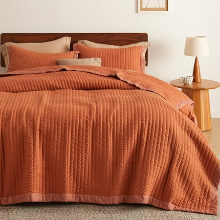 Orange Bedspread Coverlet Queen Size - Lightweight Soft Quilt Bedding Set for All Seasons, Corduroy Pattern Quilt Set, 3 Pieces, 1 Quilt (90"x96") & 2 Pillow Shams (20"x26"+2")