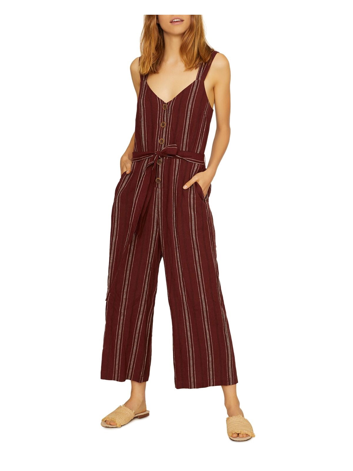 SANCTUARY Womens Burgundy Striped Sleeveless V Neck Wide Leg Jumpsuit Juniors XXS
