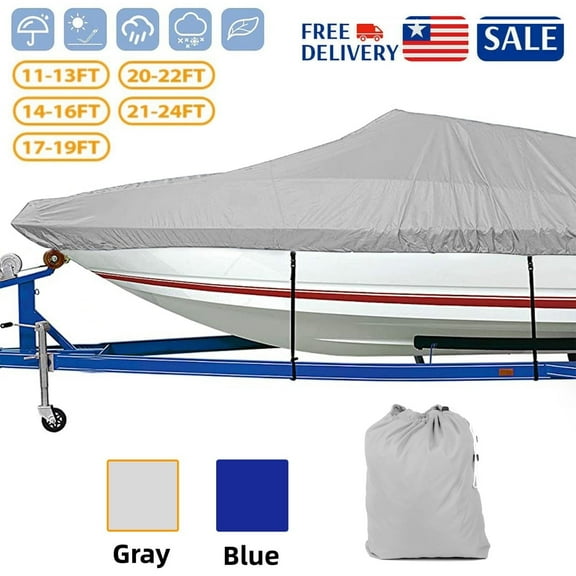 11 to 13Ft Trailerable Boat Cover,Beam Width up to 106 in,420D Heavy Duty Mooring Cover for V-Hull Runabouts with 9 Straps