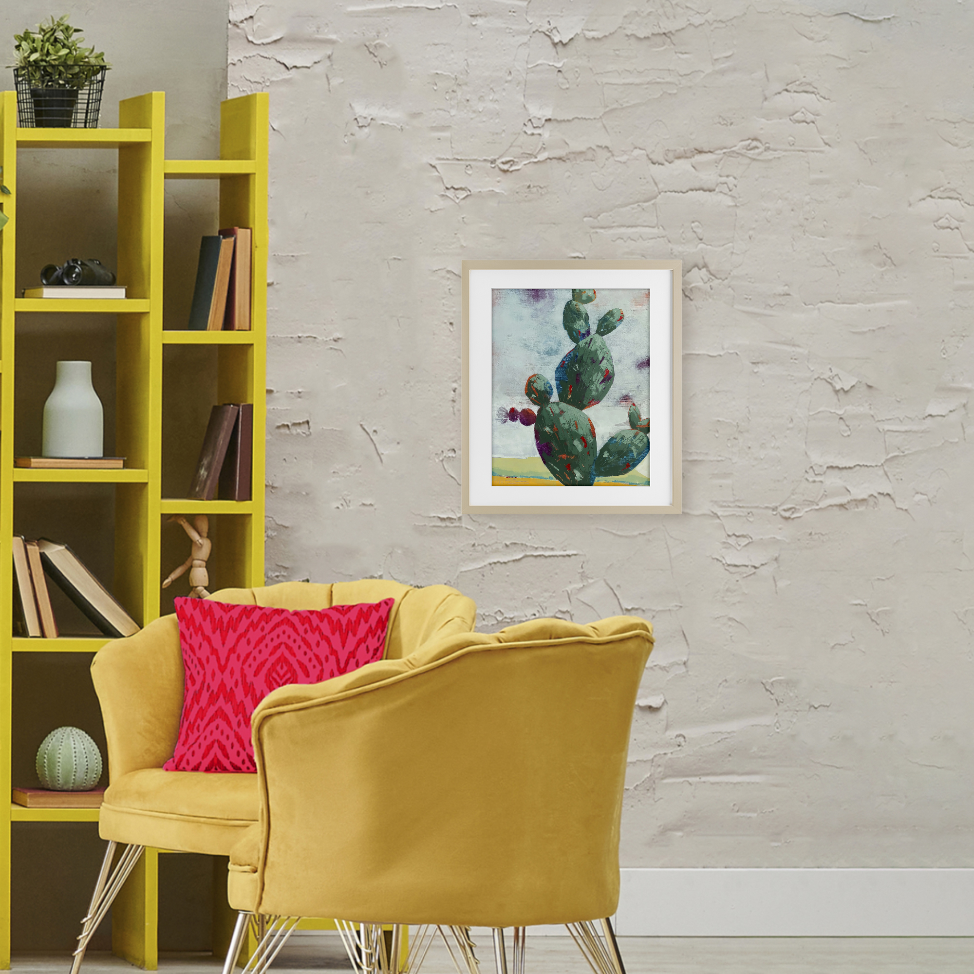 Stand Tall Rounded Cacti Birch Framed Print Under Glass, design by Dianna Fritzler