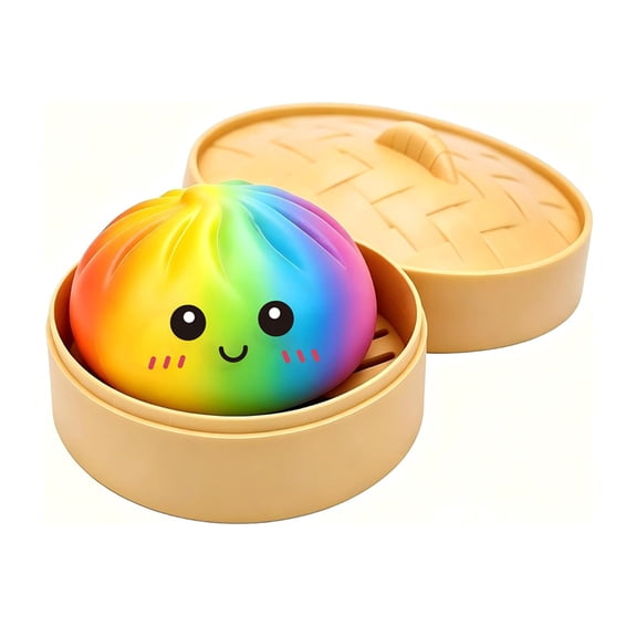 Rainbow Glitter Dumpling Squishy Soft Squeeze Decompression Dough Fidget Toy with Steamer, Multicolor