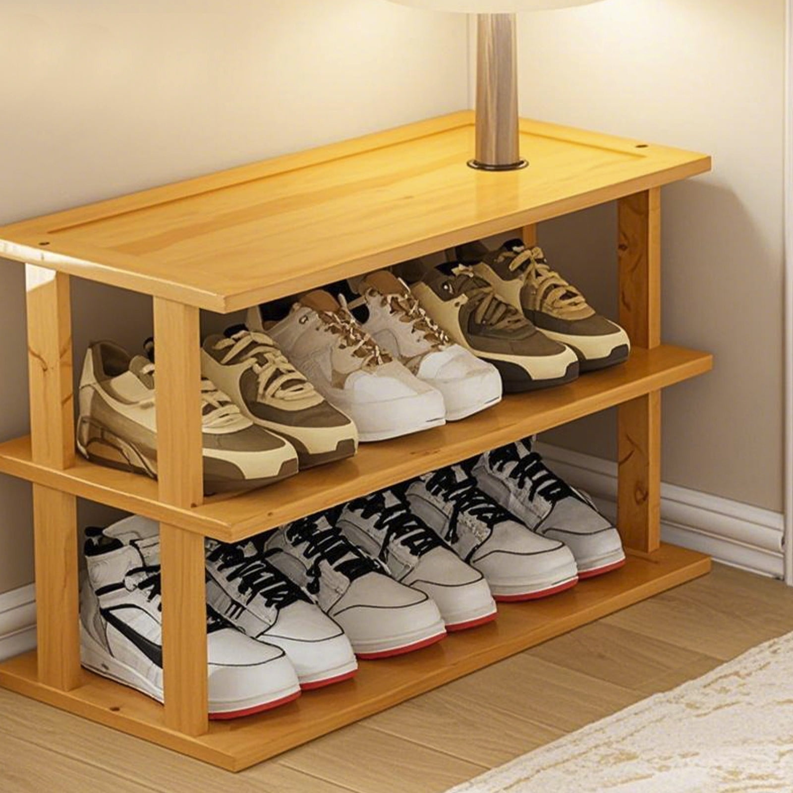 3 Tier Wooden Shelf Bookcase, Modern Open Bookshelf Bamboo Shoe Rack Storage Rack, Multifunctional Display Stand Organizer For Living Room Bedroom Office Entryway Practical Home Furniture