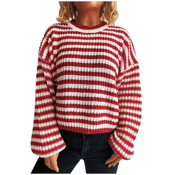 Tnhcen Women's Striped Knit Sweater Loose Fit Crewneck Top Soft Nylon Spandex Pullover Long Sleeve Casual Comfort Wear Black White Stripe Pattern S-XL