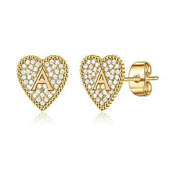 AUNOOL Heart Initial Stud Earrings for Women S925 Sterling Silver Post Hypoallergenic CZ Heart Earrings 14K Gold Plated Dainty Letter Initial Earrings for Women