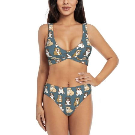Zeuib Cartoon Bulldog 1 High Waisted Tummy Control Bikini Set - Knot Front Push Up Top & Cheeky Thong Bottom  Two-Piece Swimsuit for Women-Medium