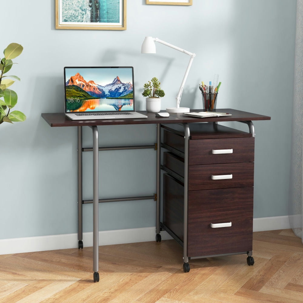 Demi Bonn Folding Computer Laptop Desk Wheeled Home Office Furniture, Study Writing Table, Brown