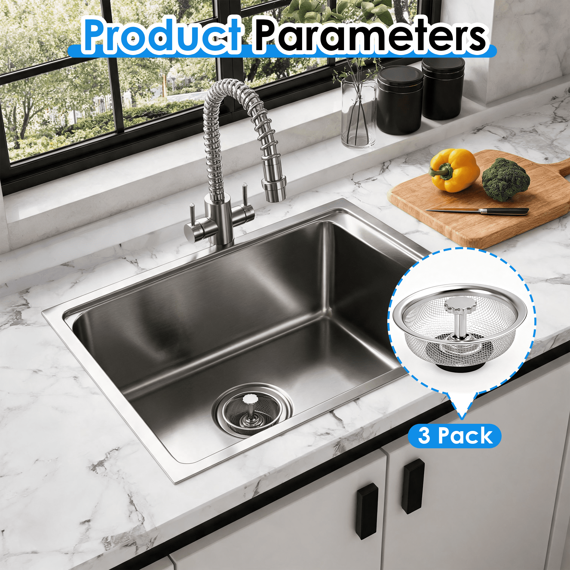 3 Pack Stainless Steel Sink Strainer with Stopper, Fine Mesh Kitchen Sink Drain Filter, Multi-Function Sink Drain Basket for Standard Kitchen Sink