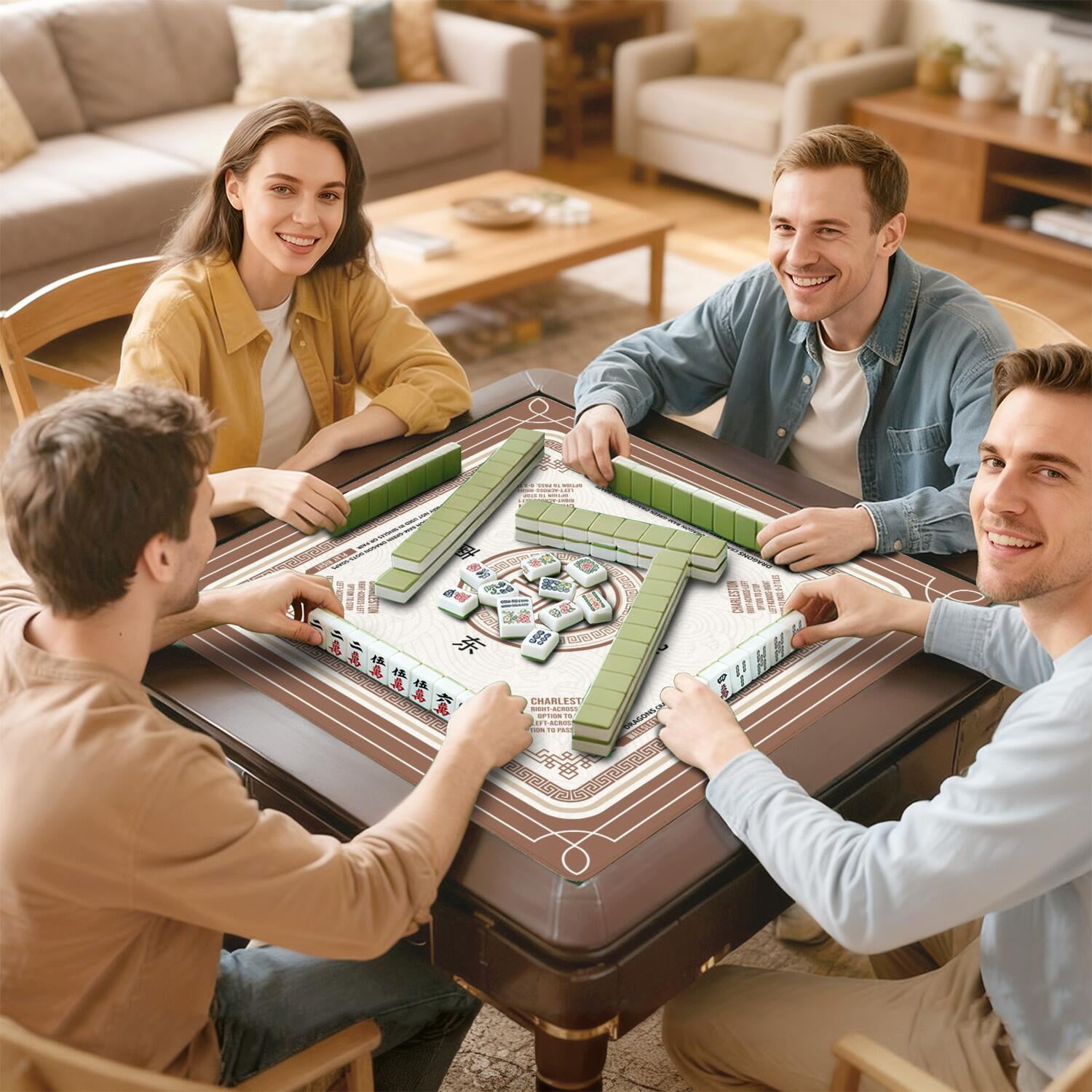 Brown Mahjong Mat with Rules, 31.5*31.5in Anti Slip American Mahjong Mat for Table, Noise Reduction, Neoprene Mah jongg Mats with Carrying Bag & 3 Dices, Mahjong Supplies Gift, Board Tile Games Mats