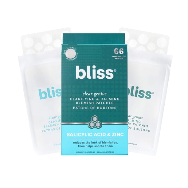 Parches para imperfecciones Bliss Clear Genius, ácido salicílico y zinc para alivio rápido y prevención, tratamiento aclarante de manchas, 1 paquete