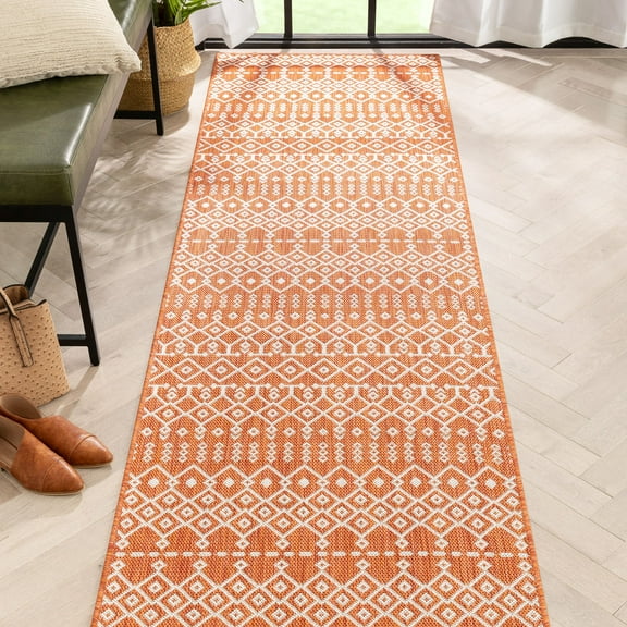 Well Woven Nors Orange Indoor / Outdoor Flat Weave Pile Nordic Lattice Pattern 3x10 (2'7" x 9'10") Runner Rug