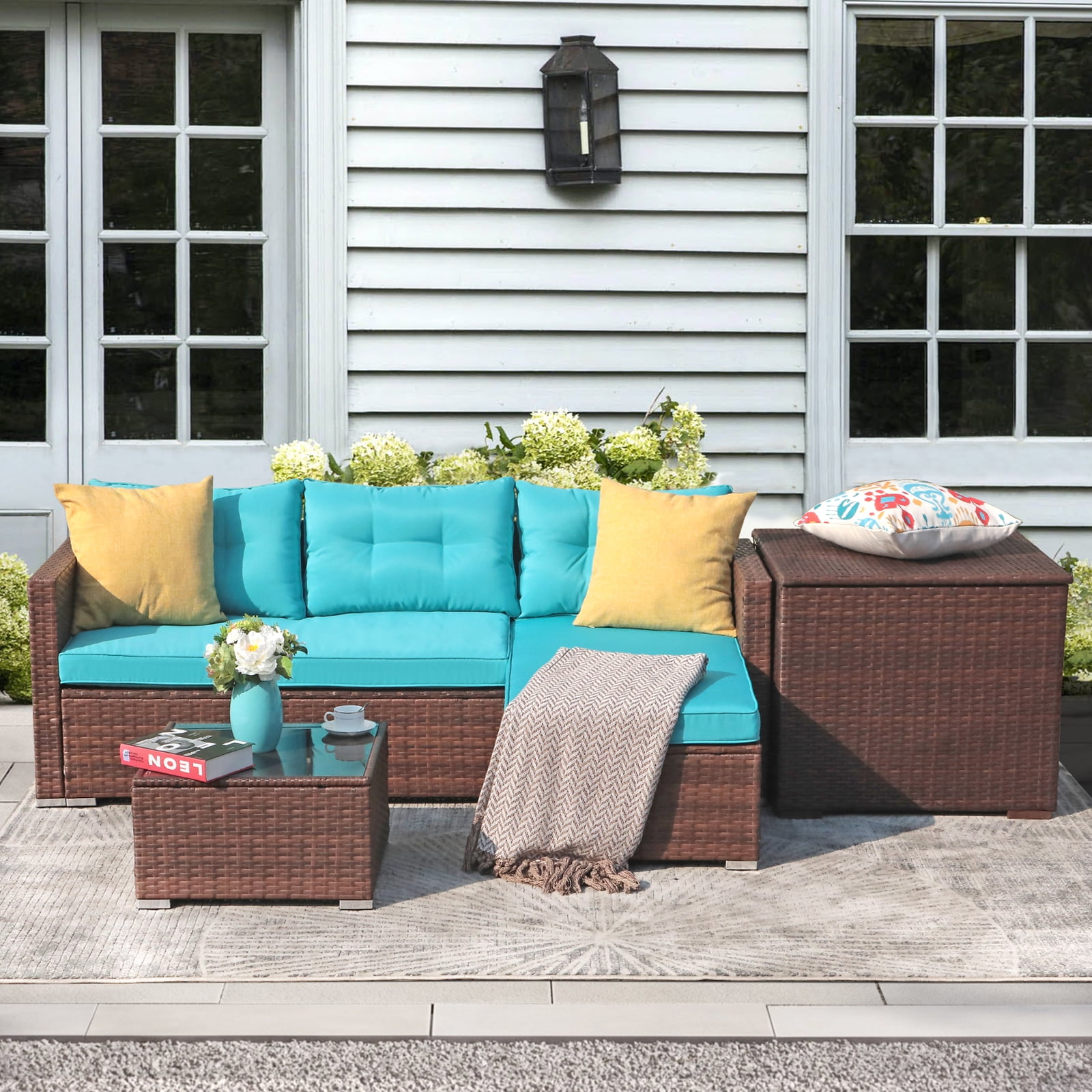 Patio Furniture Set, Outdoor Small Sectional Sofa Set with Storage Box