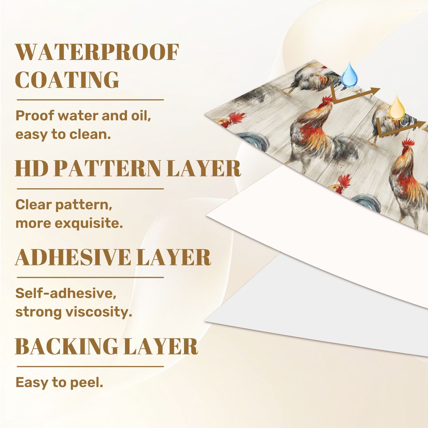 Farmhouse Peel and Stick Wallpaper 17.7in x 9.8ft Colorful Roosters Artistic Brushstroke Style Rustic Wood Contact Paper Vinyl Waterproof Self Adhesive Wall Paper for Bedroom Cabinet Renter Friendly