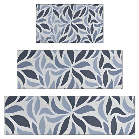 Blue Leaf Shaped Floral Pattern Kitchen Rugs Sets Of 3,Kitchen Runner Rugs Non Skid Washable,Decorative Kitchen Floor Mats for Kitchen,Sink,Laundry,17"x30" 17"x47" 17"x59"