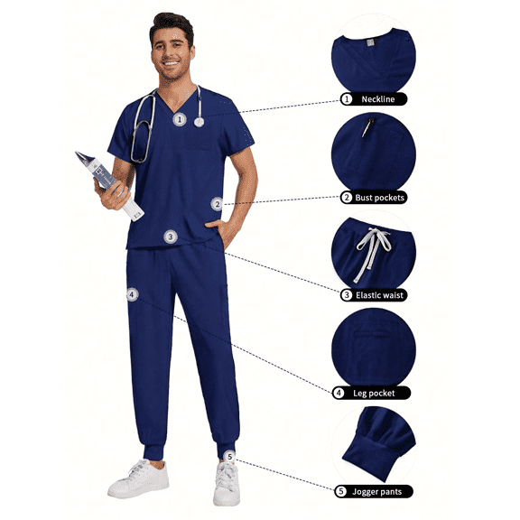 New Multicolor Two Pcs Set Men's Scrub Suit Nurse Uniform V Neck Short Sleeve Scrub Top Jogging Pants Work Clothes Doctor