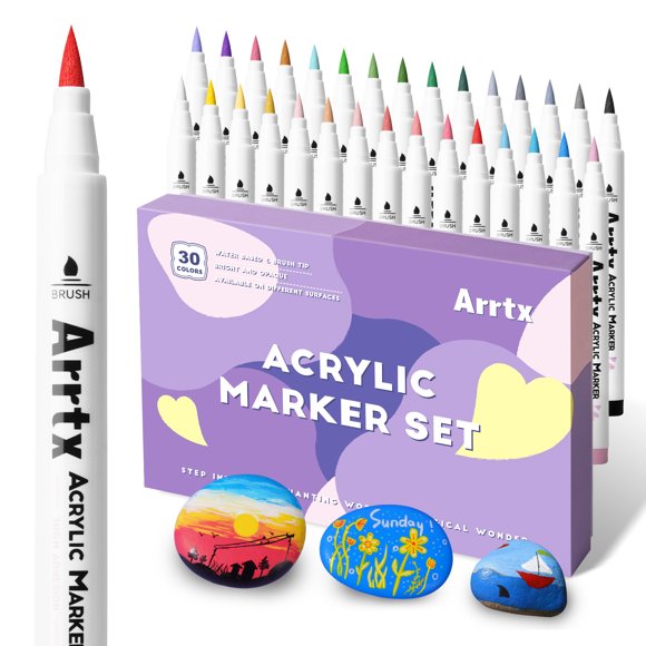 Arrtx 30 Couleurs Stylos de Peinture Acrylique pour Peinture sur Pierre, Pointe Pinceau Supplémentaire, Marqueurs de Peinture à Base d'Eau pour Pierre, Bricolage DIY, Oeuf de Pâques, Bois, Verre et Plus