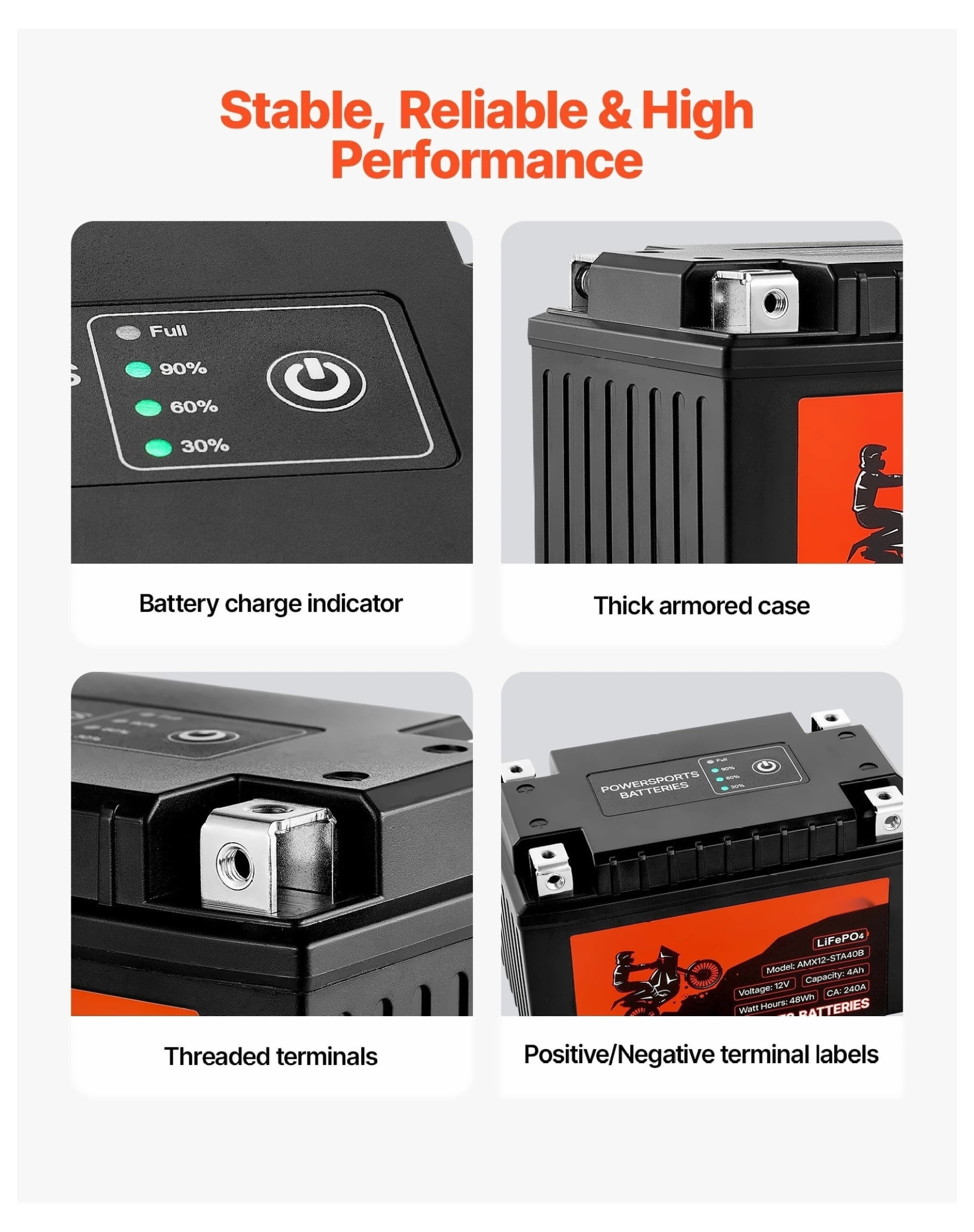 Motorcycle Battery 12V 4Ah YTX12-BS Powersports Battery - High Performance, ATV, Scooter, Snowmobile Replacement