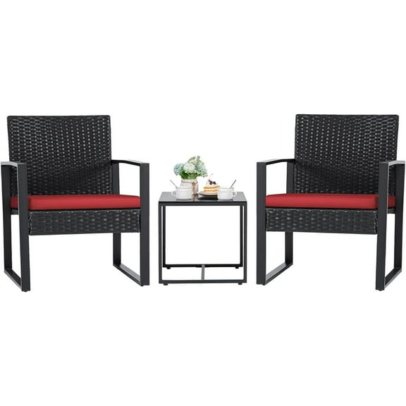 Flamaker 3 Pieces Wicker Patio Furniture Outdoor Modern Rattan Chair Conversation Sets with Coffee Table for Yard and Bistro (Red)