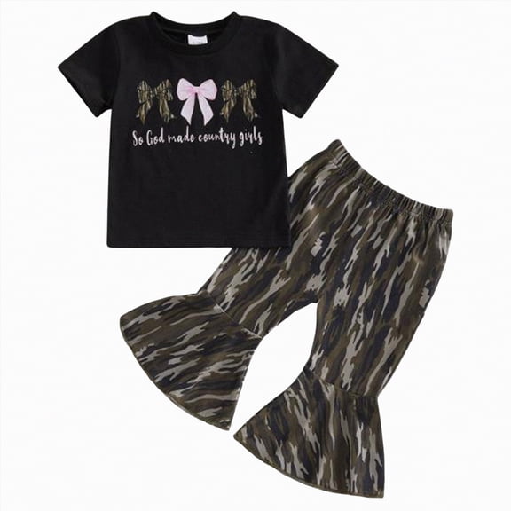 Xyant Toddler Baby Girl Clothes Western Camo Country Girl Short Sleeve T-shirt Tee Camouflage Flare Pants Bell Bottoms Summer Outfits Set (Black,3-4 Years)