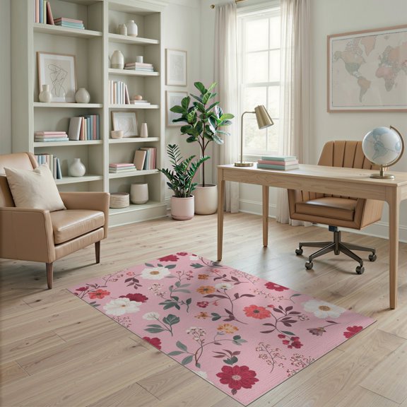 ODIKA 4'x6' Pink Soft Floral Elegance for Romantic Washable Area Rug Delicate Garden Motifs with Timeless Charm Non-Slip, Chair-Friendly, Flatwoven for Home Office, Under Desk