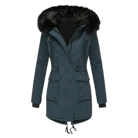 Sawvnm Plus Size Coat Women Plus Size Winter Warm Composite Plush Button Lapels Jacket Outwear Coat on Clearance Dark Blue S