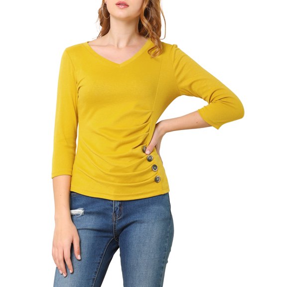 Allegra K Women's Button Decor V Neck 3/4 Sleeve Solid Blouse Knitted Ruched Top