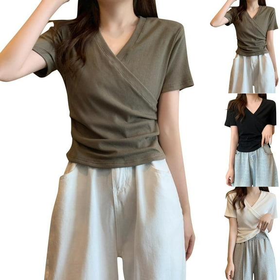 Olyvenn Stylish Women's V-Neck Short Sleeved Pleated Base T-Shirt Summer Solid Color Slim Fit Trendy Short Sleeved T-Shirt White XL