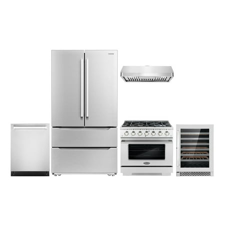 Cosmo 5 Piece Kitchen Appliance Package with 36  Freestanding Gas Range 36  Under Cabinet Range Hood 24  Built-in Fully Integrated Dishwasher French Door Refrigerator & 48 Bottle Wine Refrigerator