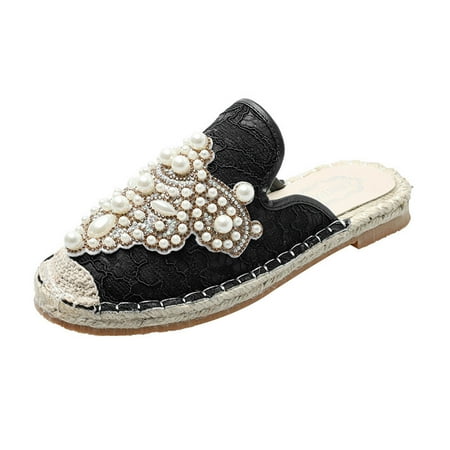

YOTAMI Women s Sandals Fashion 2022 Sandals Womens Pearl Solid Flat Heels Peep Toe Sandals Shoes Black