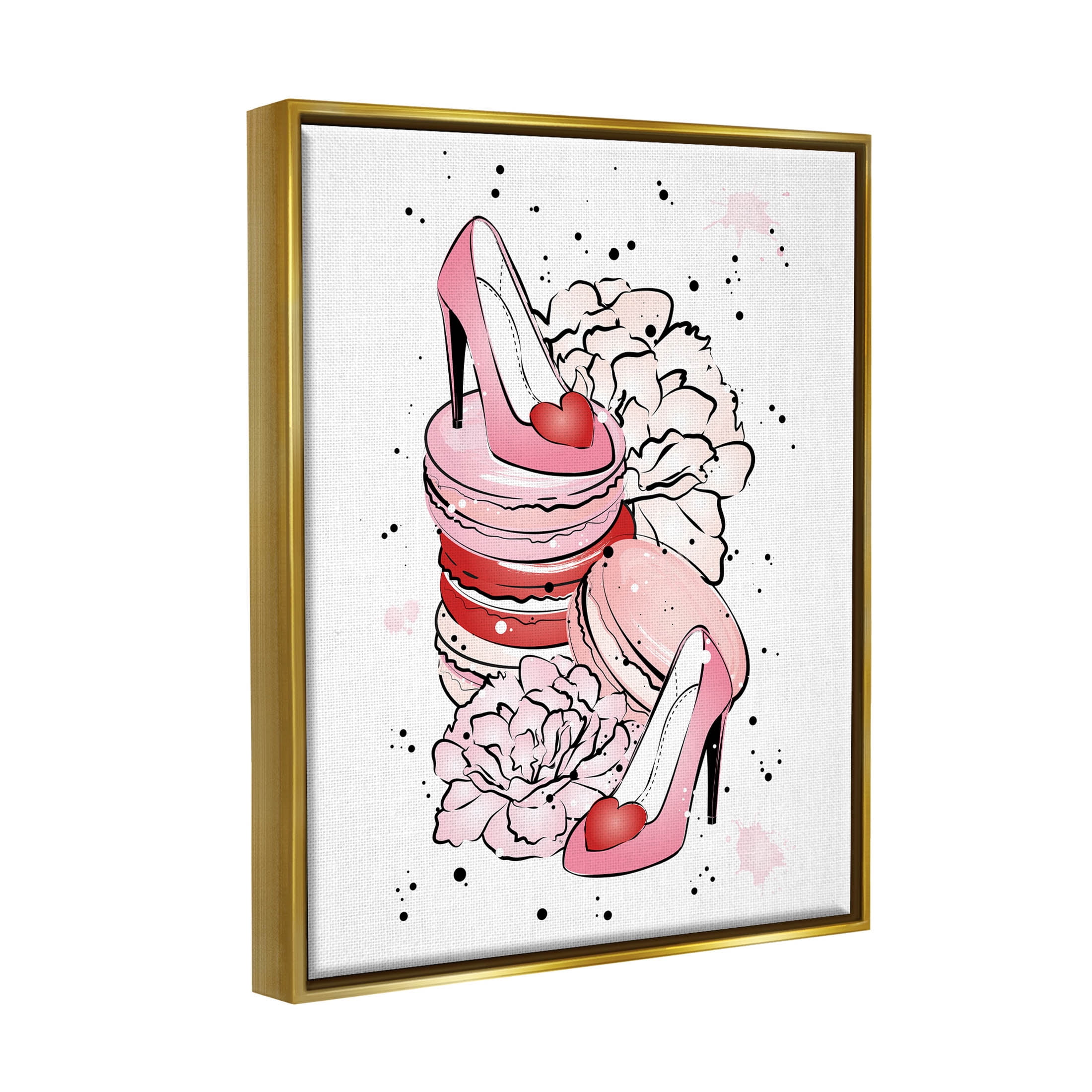 Pink Glam Heart Heels Macarons Beauty & Fashion Graphic Art Metallic Gold Framed Art Print Wall Art