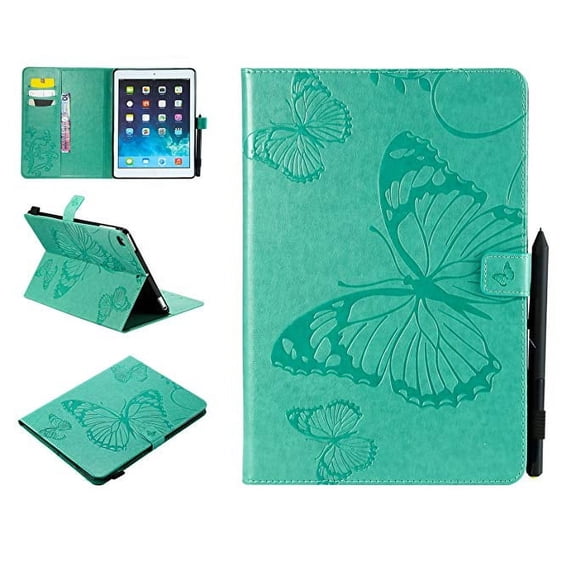 iPad Air 1/2, iPad 9.7" 2017/2018 case, Allytech Embossed with Butterfly Series AUTO WAKE/SLEEP Folio Stand Wallet Case with Cards/Cash Holder for iPad Air 1/2, iPad 9.7" 2017/2018 Tablet, Green