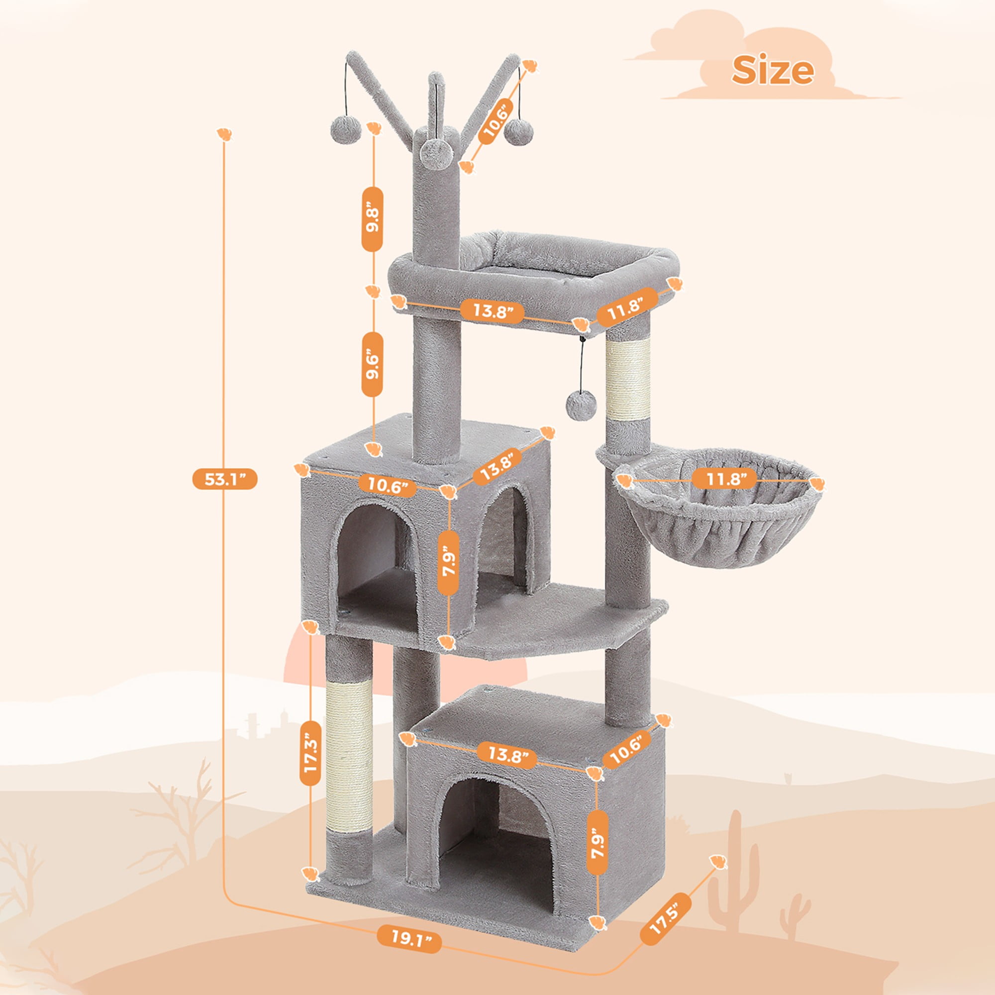 Kadyn 53" Cat Tree Tower for Small Cats with 2 Cat Condos, Hammock and 3 Removable Pompom Sticks, Cat Tree House with Scratching Posts, Gray