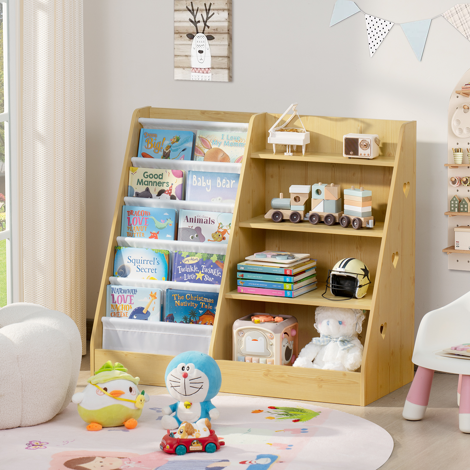 LELELINKY 35.5" Kids Bookcase Toy Storage Organizer with 5 Layer Sling, 4-Tiers Wood Toy Bookshelf for Kids Room, Brown